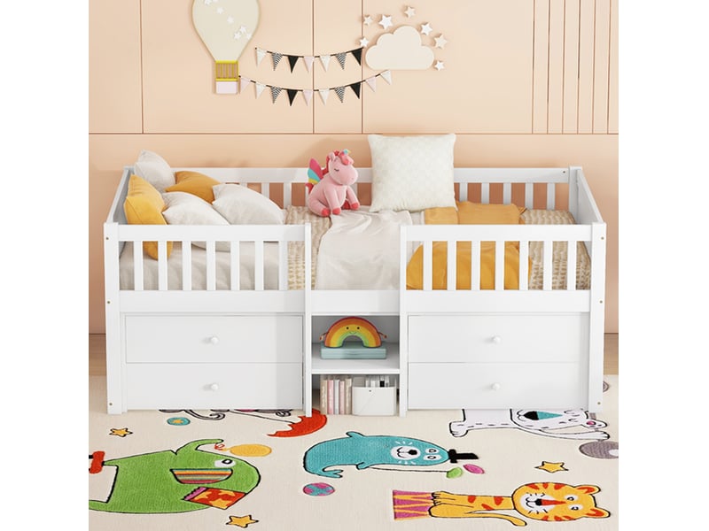  Lit enfant mi-hauteur 90 x 200 cm avec 4 tiroirs, échelle et barrières, blanc  - Conforama D