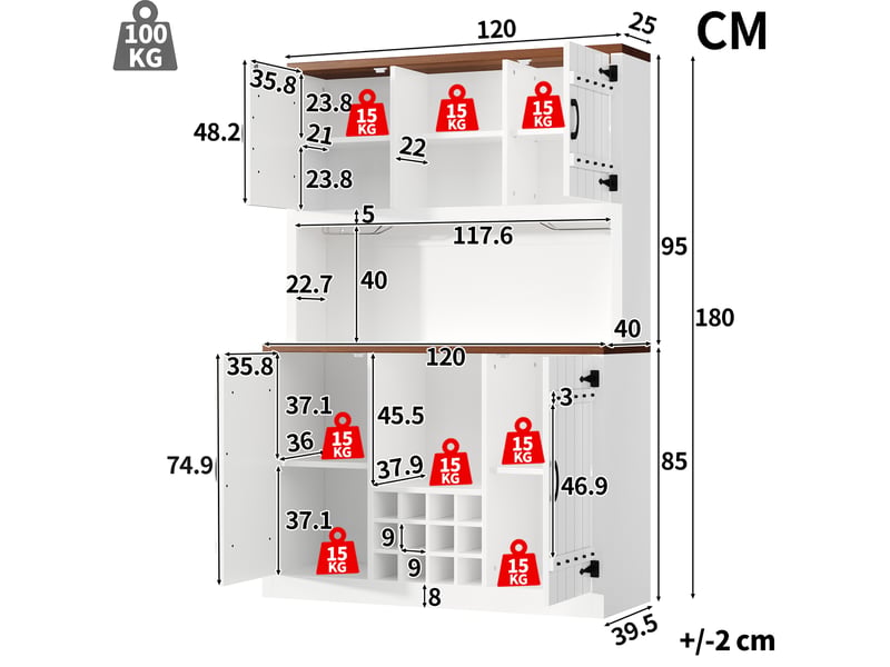 Buffet haut de cuisine 120x40x180 cm – blanc – led rgb, étagères réglables et casier à bouteilles - Conforama C