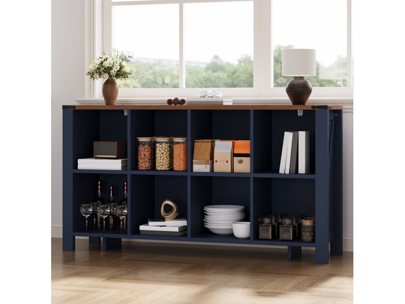  Buffet de rangement bleu en mdf avec 8 compartiments ouverts, 140 x 34 x 75 cm, pour un intérieur organisé  - Conforama E