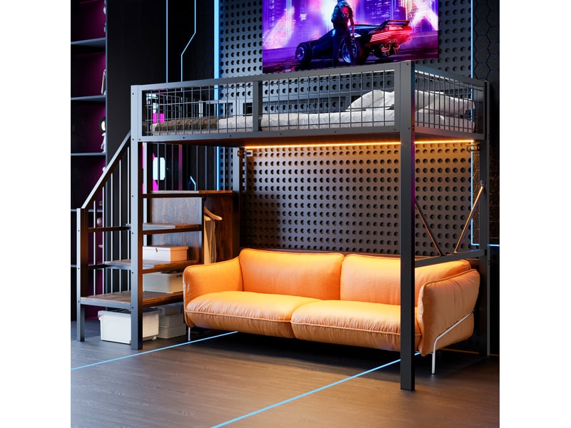  Lit mezzanine 90x200 cm avec échelle de rangement, éclairage led et barrière de sécurité, métal, noir, sans matelas  - Conforama D