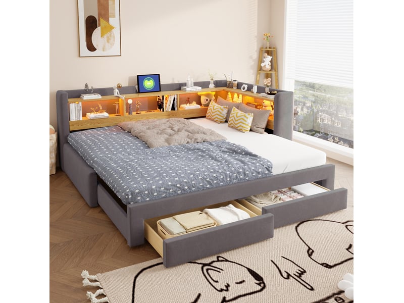  Lit gigogne 90x200 cm avec 2 tiroirs, éclairage led et prise, rangement intégré, couleur gris sans matelas  - Conforama D