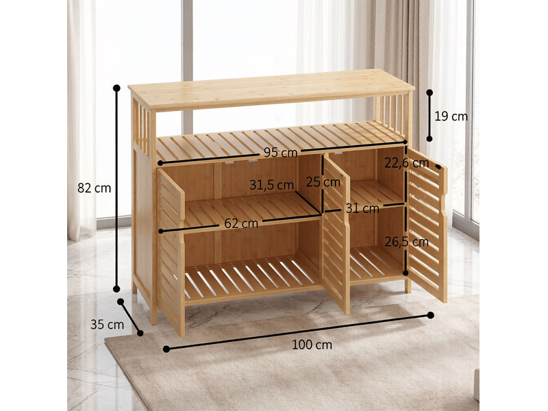  Buffet bas de rangement en bambou naturel 100 x 35 x 82 cm, 3 portes et étagère  - Conforama C