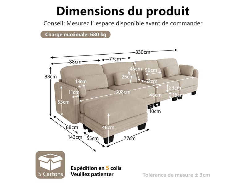  Canapé d’angle modulable tcqpz 4 places 330 x 143 x 88 cm avec ottomane en chenille marron clair  - Conforama C
