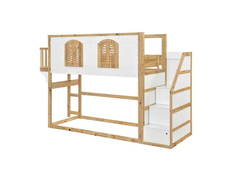  Lit mezzanine enfant 90x200 cm – blanc et naturel – escalier de rangement et espace de jeu intégré  - Conforama D