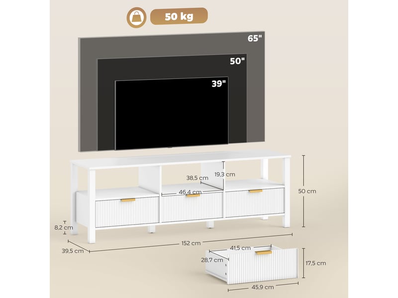  Meuble tv 152 cm, meuble télé pour téléviseur 65 pouces avec 3 tiroirs et 3 étagères ouvertes, blanc, 152x39,5x50cm  - Conforama C