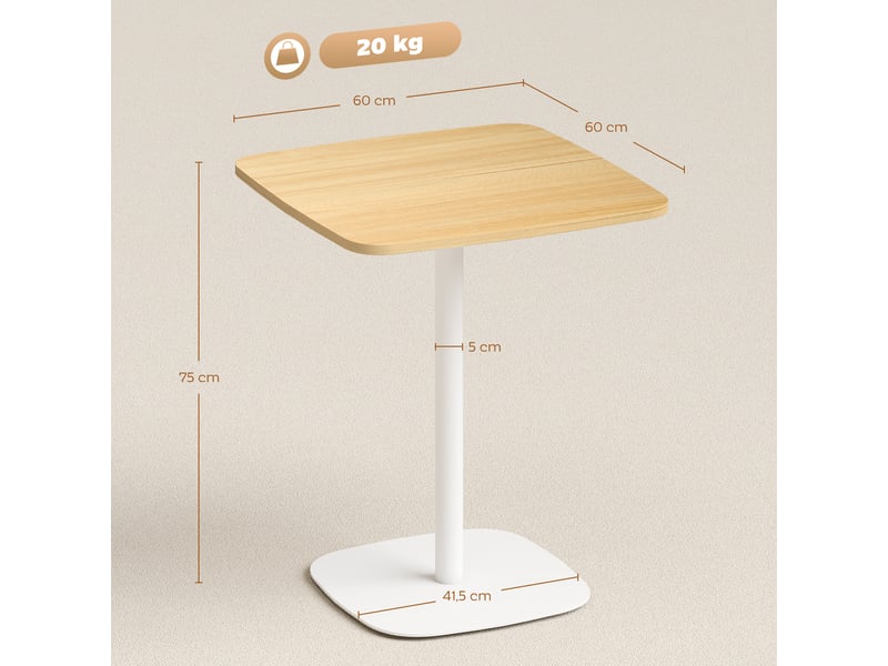 Petite table à manger carrée pour 2 personnes, piètement carré en acier, 60 x 60 x 75 cm, finition naturelle et blanche. - Conforama E
