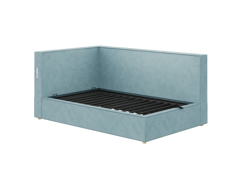  Lit simple rembourré 90x200 cm en velours bleu avec rangement, led, usb et type-c, sommier à lattes et fonction canapé-lit Morn Vibe - Conforama E