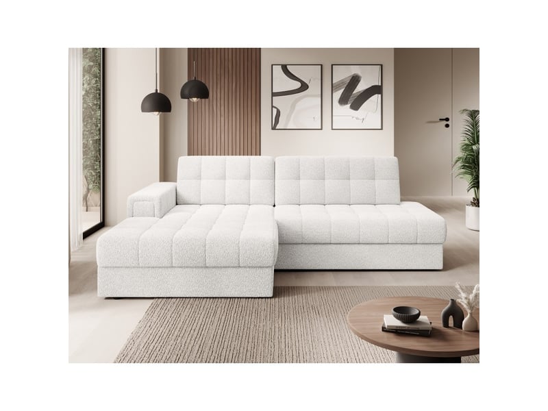 Canapé d'angle convertible cubito blanc bouclette 240 cm avec coffre et couchage - Conforama E