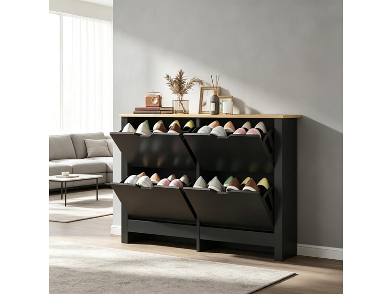  Meuble à chaussures avec 4 portes basculantes et séparateurs réglables, plateau supérieur, pour entrée, 105×26×80 cm  - Conforama C