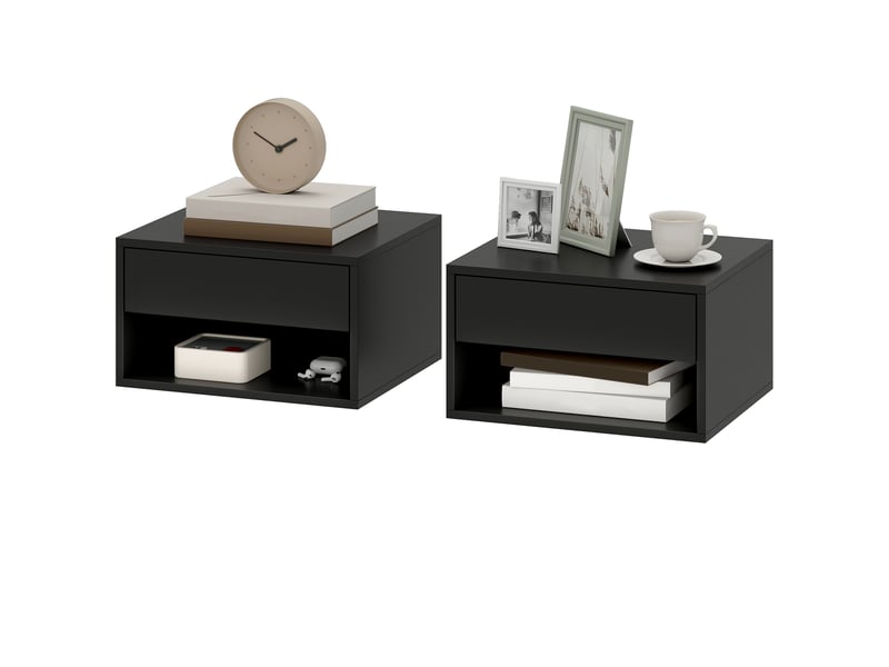  Lot de 2 tables de chevet murales avec tiroir et compartiment ouvert noir 37 x 32 x 21 cm  - Conforama B