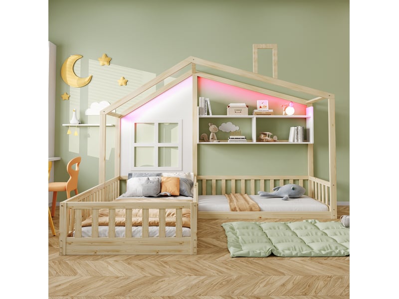 Lit enfant cabane 90 x 200 cm et 140 x 70 cm en bois naturel et blanc avec led et rangements  - Conforama C