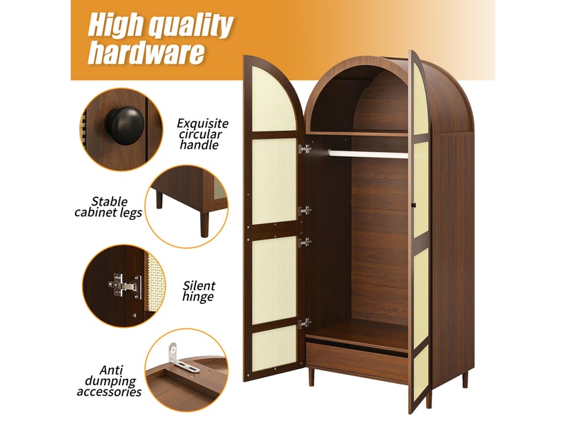  Armoire penderie portes cintrées en rotin avec tiroirs coloris noyer 80x50x179 cm GL8423N - Conforama E
