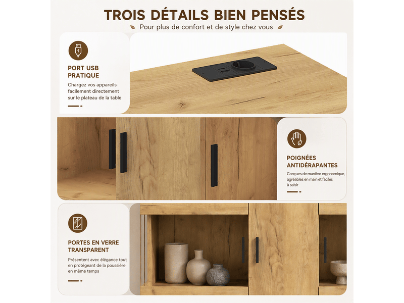  Buffet bas avec éclairage led 120x40x79,5 cm, meuble de rangement avec portes vitrées, prises usbusb-c, prise eu, étagères, effet bois - chêne clair  - Conforama D
