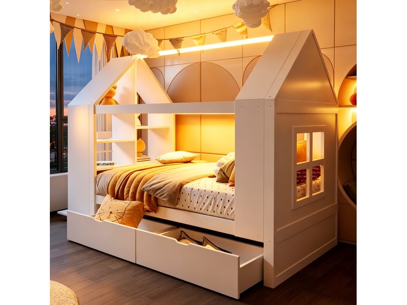  Lit cabane enfant modenvie 90 x 200 cm avec 2 tiroirs, led, rangement, cadre à lattes, bois et mdf, blanc  - Conforama B