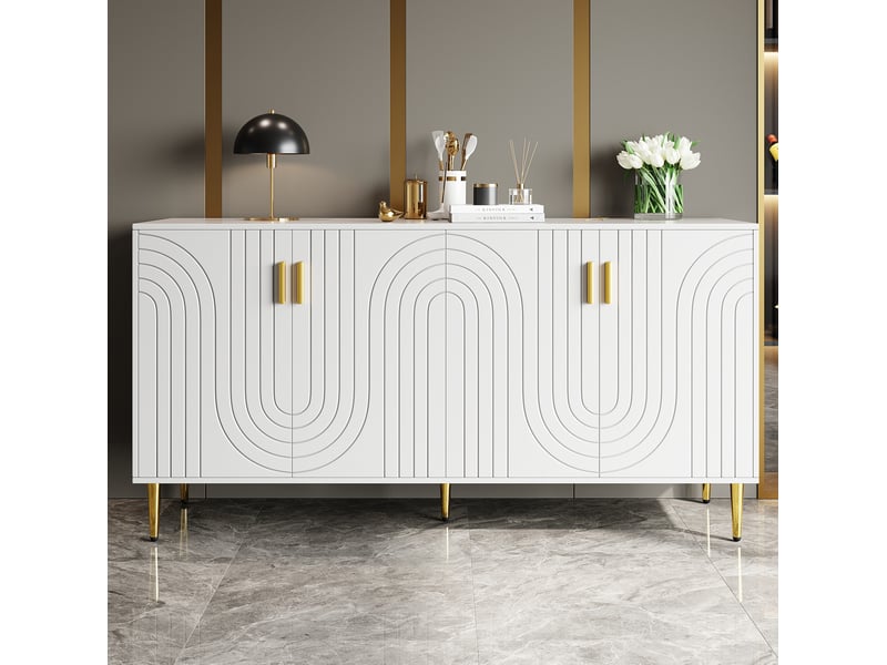  Buffet bas 152x40x75 cm blanc en mdf, 4 portes avec poignées dorées et façade au design ondulé  - Conforama B