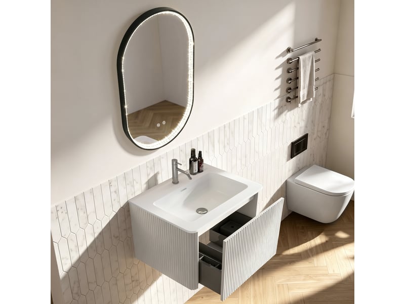  Ensemble meuble salle de bain avec miroir led - meuble vasque suspendu 60 cm, miroir ovale anti-buée  - Conforama B