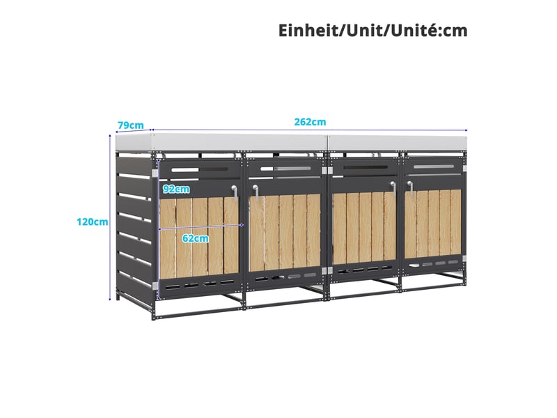  Cache-poubelles 4 compartiments avec bac à plantes, modèle bois vertical, métal noir  - Conforama C