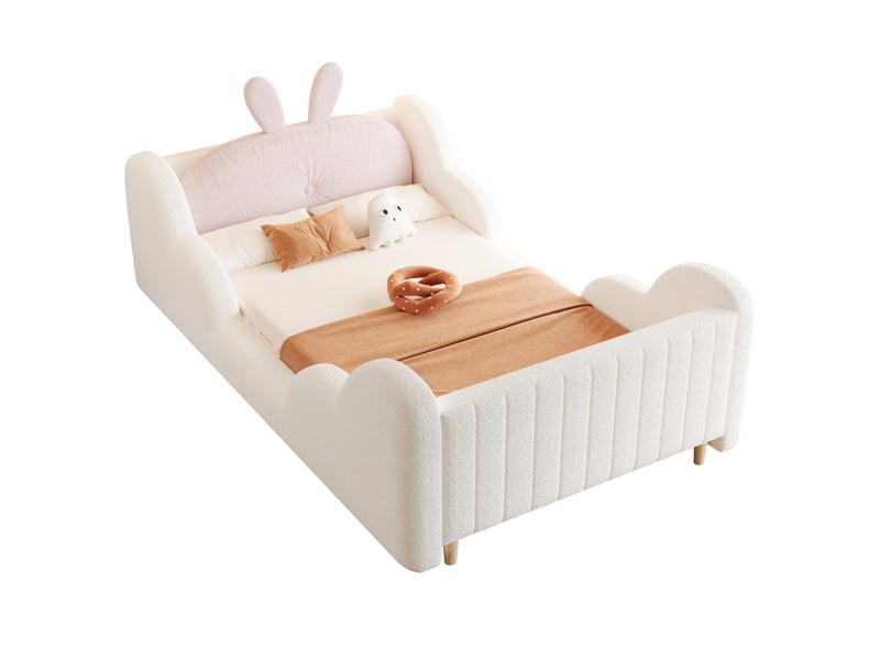  Lit enfant 90x200 cm avec coussin lapin et côtés nuage, peluche douce, mdf, blanc, sans matelas  - Conforama A