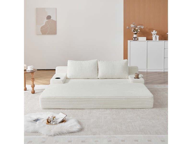 Canapé-lit convertible 2-en-1 en velours côtelé, avec 2 coussins, porte-gobelets intégrés et poches de rangement latérales - beige - Conforama E