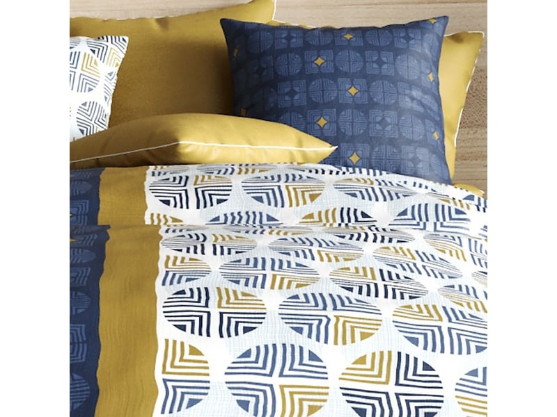  Parure housse de couette 260x240cm + 2 taies motif graphique bleu et ocre 100% coton - rufus RUFUS - Conforama C