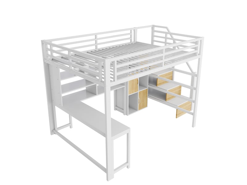  Lit mezzanine 90 x 200 cm avec bureau, led et escalier avec rangement, lit simple en métal blanc avec étagères et placards intégrés  - Conforama A