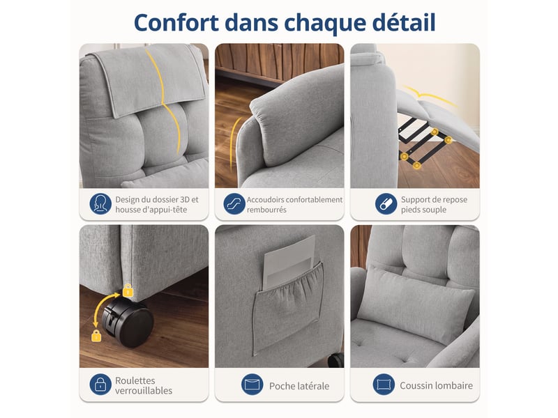 Fauteuil de massage électrique, fauteuil détente pour télévision avec fonction massage et chaleur, 4 roues, gris clair - Conforama C