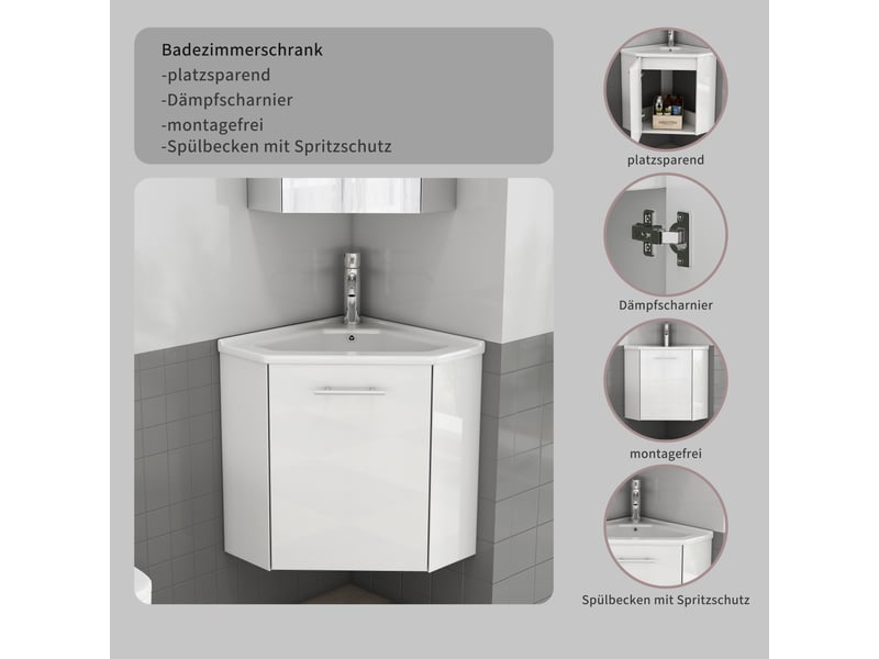  Meuble sous vasque d'angle avec lavabo en céramique, portes et poignées en métal pour salle de bain, blanc brillant  - Conforama E