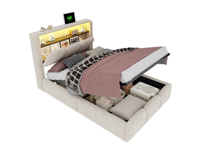 Lit enfant 90x200 cm avec rangement hydraulique et led métal mdf beige sans matelas - Conforama A