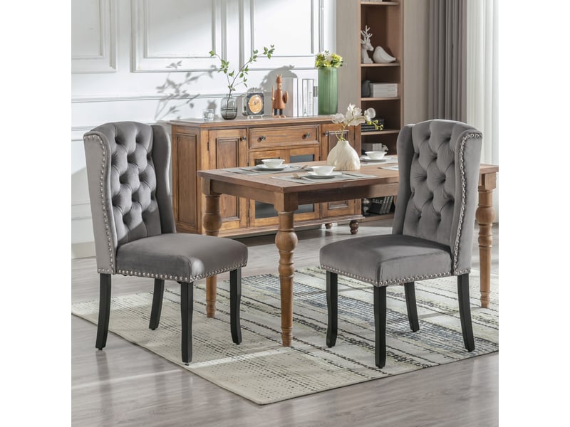  Chaises de salle à manger lot de 6 dossier incurvé capitonné  - pieds en chêne velours gris  - Conforama C