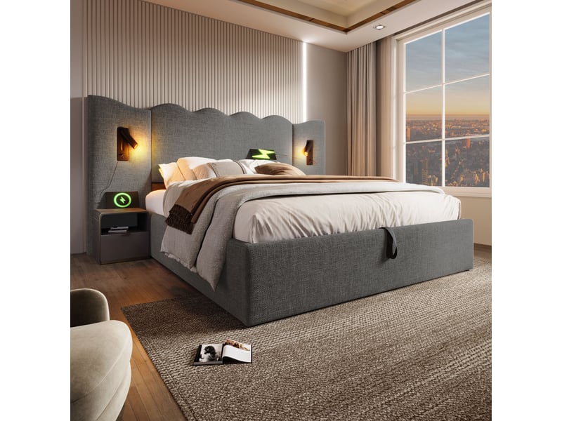 Lit coffre, lit double 160x200 cm, usbusb-c, lampe de lecture, sommier à lattes, matelas inclus, lin gris  - Conforama C