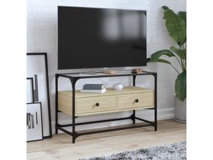 Meuble tv - banc tv - meuble de rangement avec dessus en verre chêne sonoma bois d'ingénierie