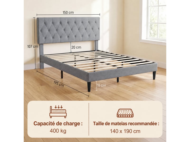  Cadre de lit 140 x 190 avec sommier, lit double capitonné en lin gris, tête rembourrée, 10 lattes  - Conforama C