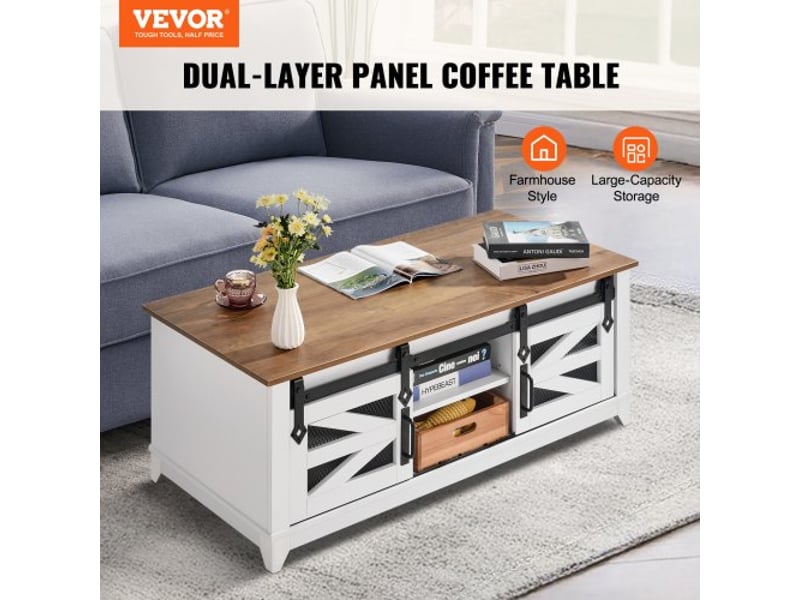  Table basse, 1210 x 560 x 481 mm, table de salon rectangulaire, 2 portes de grange coulissantes, table rustique en bois 2 niveaux, étagères amovibles, pour chambre, appartement, blanc et naturel  - Conforama C