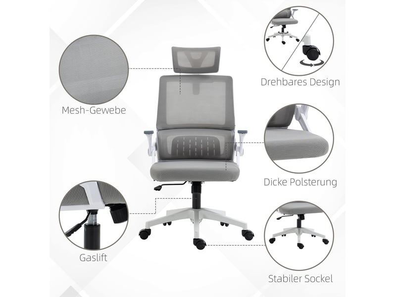  Chaise de bureau 58x61x102-119 cm gris en mesh, réglable, appui-tête, bascule et soutien lombaire - bureau  - Conforama D
