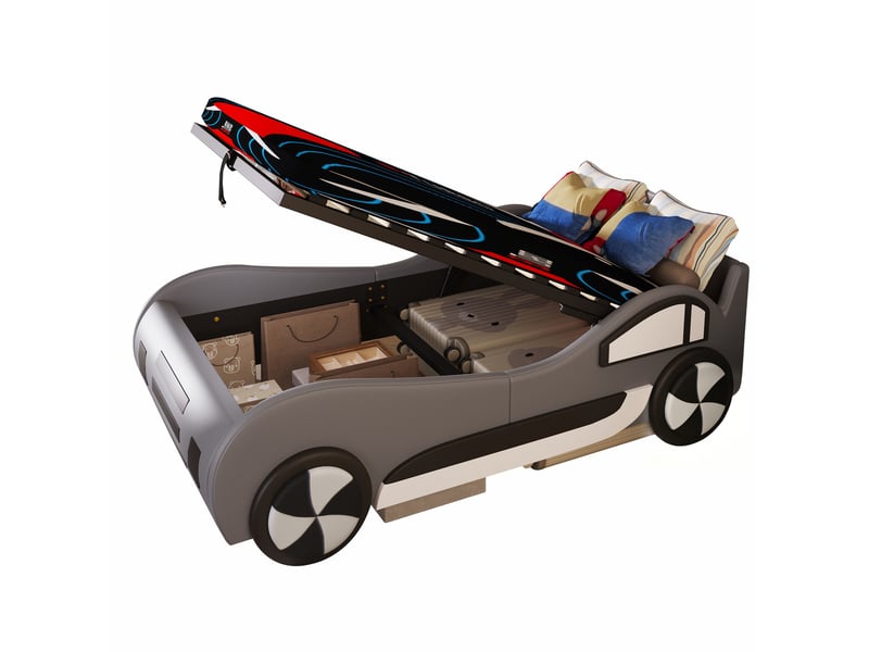 Lit enfant voiture 90x200 cm, sommier à lattes inclus, coffre de rangement hydraulique, pu et mdf, gris, sans matelas - Conforama A