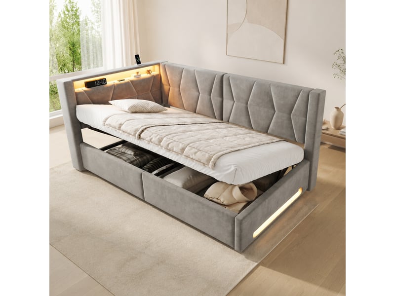  Lit coffre 90x200 cm, métal, velours gris foncé, équipé de sommier à lattes, de tête de lit en l, de led, de port usb et de type-c, sans matelas  - Conforama B