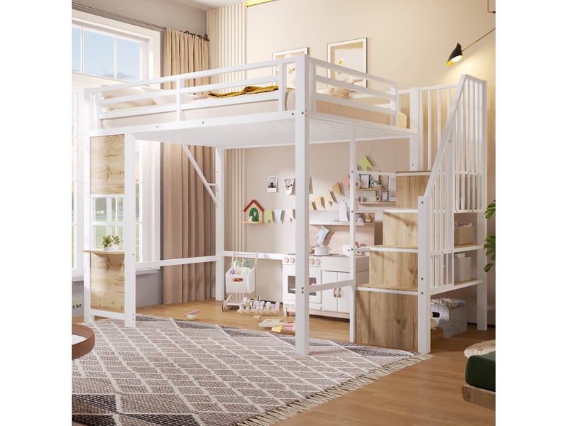  Lit mezzanine enfant 140x200 cm avec escalier de rangement blanc  - Conforama D