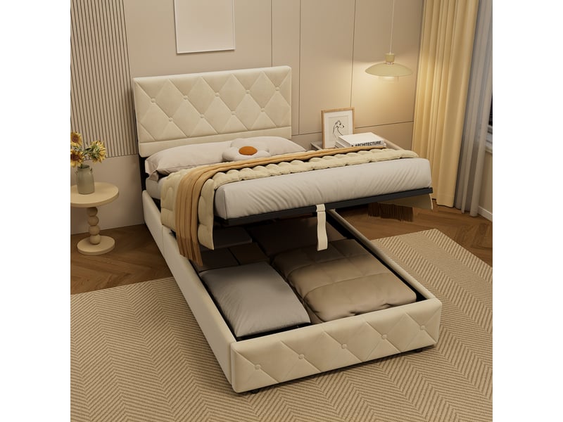  Lit coffre 90x190 cm velours beige, tête de lit capitonnée, ouverture hydraulique, sommier à lattes inclus  - Conforama E