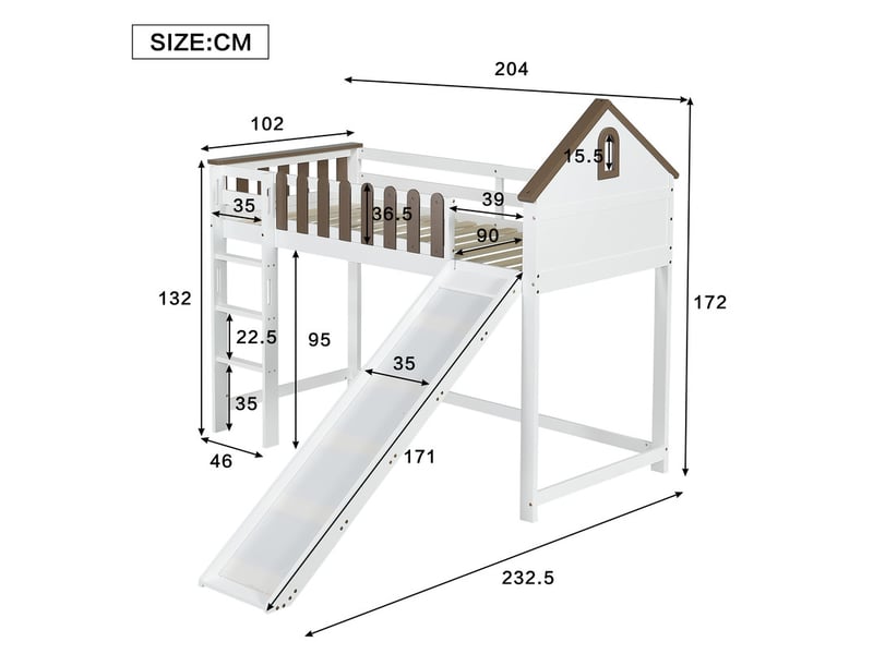  Lit mezzanine,90x200 cm,avec toit,fenêtre,échelle,toboggan,pin et mdf,blanc et noyer  - Conforama C