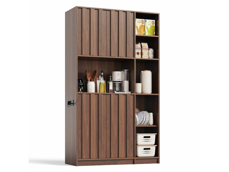  Buffet haut de cuisine 105x40x180 cm – noyer – led rgb, prises usb et rangements ouverts fonctionnels  - Conforama A