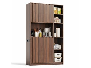 Buffet haut de cuisine 105x40x180 cm – noyer – led rgb, prises usb et rangements ouverts fonctionnels