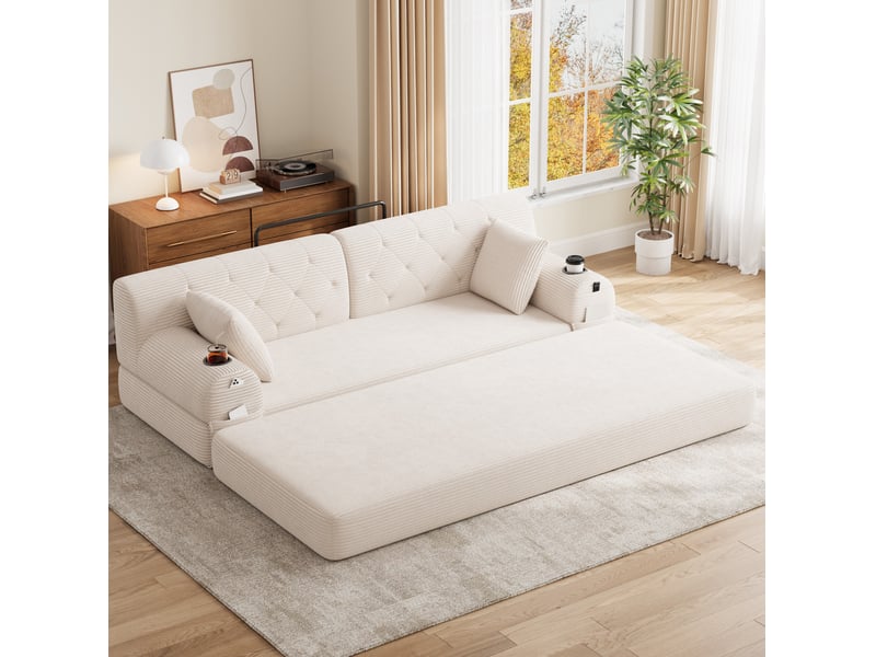 Canapé convertible 3 places avec couchage, dossier haut, 4 poches et 2 porte-gobelets en velours côtelé beige - Conforama D