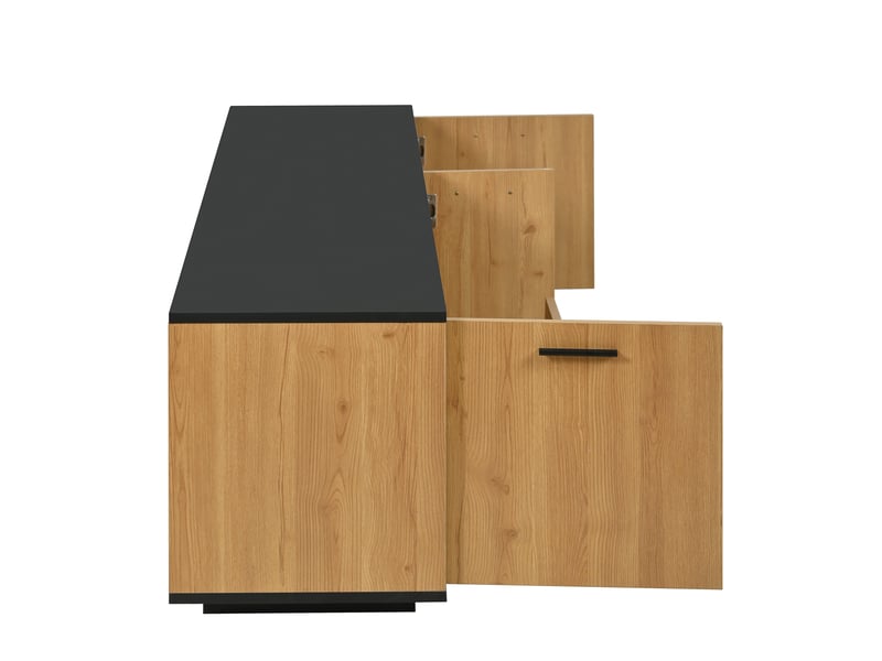 Meuble tv noir bois naturel avec tiroir, 3 portes, 2 niches vitrées et led réglables  - Conforama E