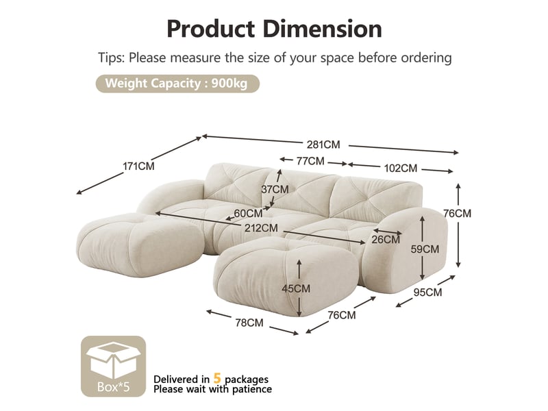 Canapé modulaire en u 3 places avec 2 poufs, sans montage, pour salon, au confort doux, en chenille beige clair - Conforama E