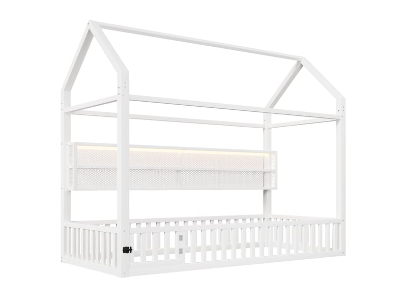  Lit plateforme 90x200 cm en forme de maison avec barrière et led, blanc pour chambre enfant moderne.  - Conforama A