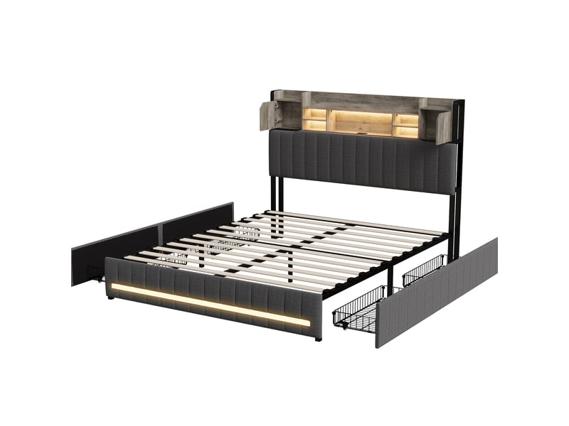  Lit 140x190 cm avec led et 4 tiroirs,lit capitonné double,usb et type-c,tête de lit rangement,sommier à lattes,gris, lin  - Conforama A