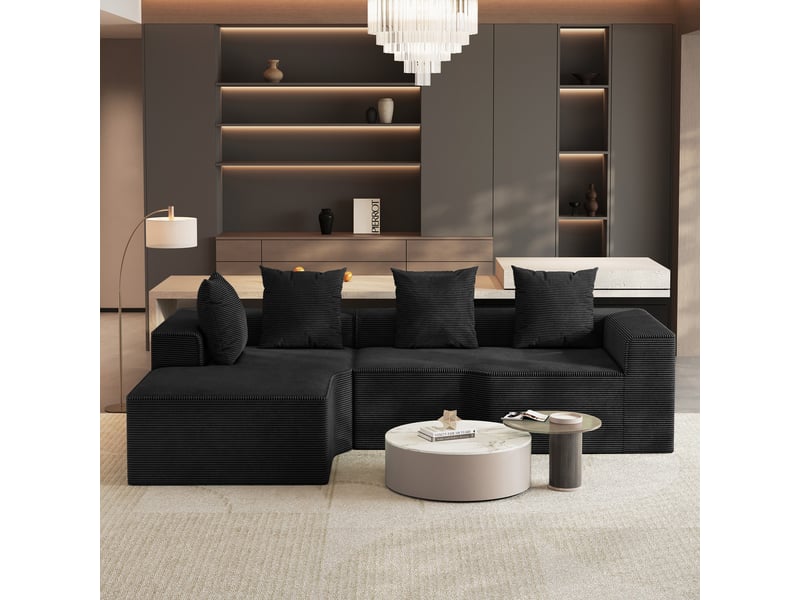  Canapé d'angle gauche modulaire 3 places compressé en velours côtelé,mousse haute densité,sans assemblage,canapé de salon,270x152x59cm,noir 270x152x59CM - Conforama B