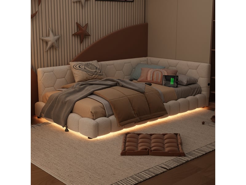Canapé-lit 90 × 200 cm, lit avec sommier à lattes, éclairage d'ambiance à 16 couleurs, port usb-c, tissu imitation peluche, blanc - Conforama E