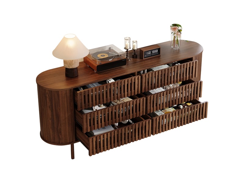  Commode 6 tiroirs - 160x40x70cm - commode basse de salon avec côtelés ajourés &amp; angles arrondis - noyer  - Conforama A