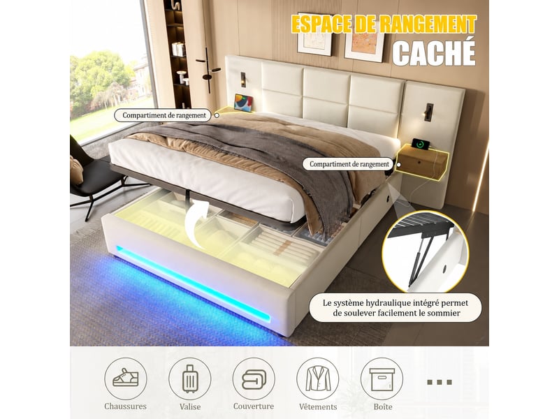  Lit coffre 180 x 200 cm en velours avec tête de lit rembourrée, rangement hydraulique, éclairage led et ports usb-c, beige  - Conforama E